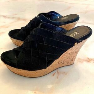 Ugg Marta Cork Wedge Sandal Black Suede Sz 8
